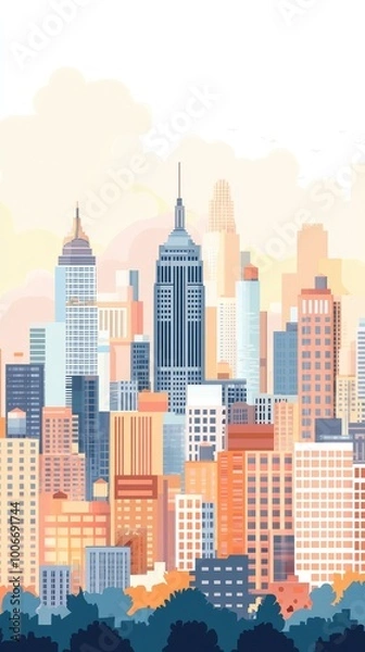 Fototapeta Stunning city skyline illustration showcasing iconic buildings with a warm color palette and soft clouds in the background.