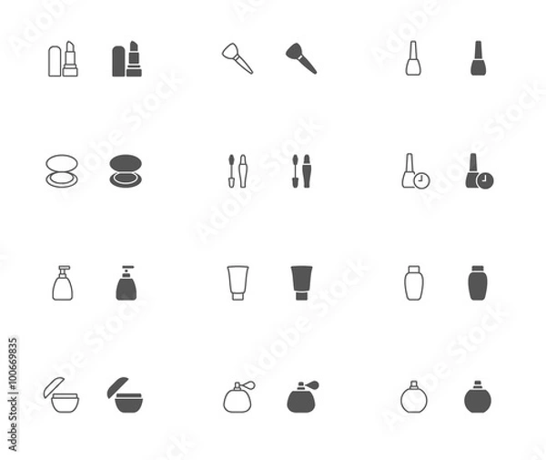 Fototapeta Outline and filled simple vector icons of Make-up related stuff. Snapped to pixel shapes, fully scalable