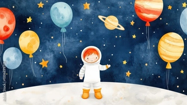Fototapeta watercolor style cartoon illustration of cute kid wearing spacesuit explore in outer space with planet, balloons and star, isolated on white background, collection set, Generative Ai