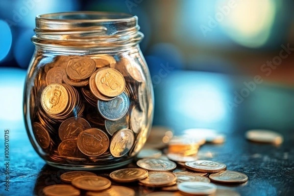 Fototapeta Saving for the Future: A glass jar overflows with golden coins, symbolizing financial security and the accumulation of wealth. The image evokes feelings of prosperity and planning for the future.