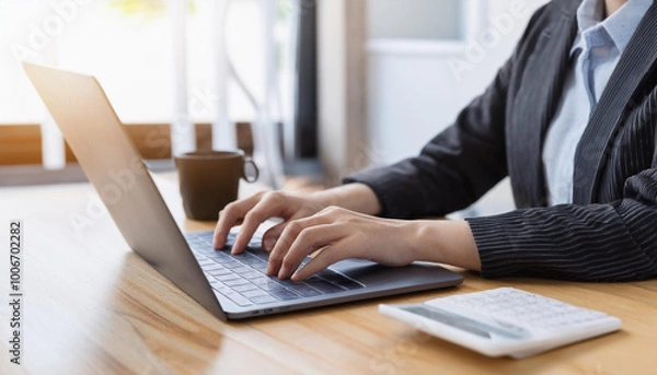 Fototapeta ビジネスシーン、ノートパソコンで作業をする女性	