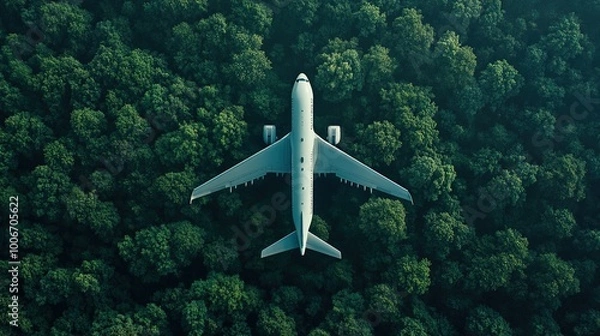 Fototapeta passenger plane flies over forest with green trees, top view