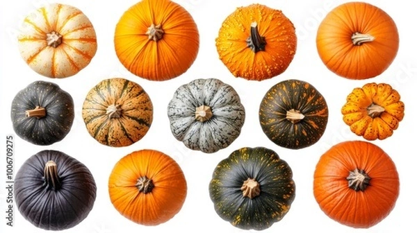 Fototapeta Una colección de calabazas en tonos naranja, verde y blanco, dispuestas simétricamente. Estas calabazas resaltan la diversidad de formas y colores típicos de la temporada de otoño.