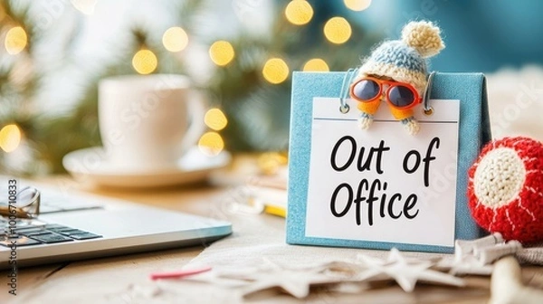 Fototapeta A playful "Out of Office" note displayed on a desk, adorned with a cute hat and sunglasses, capturing the festive spirit of a holiday break amidst a warm and cozy workspace setting.