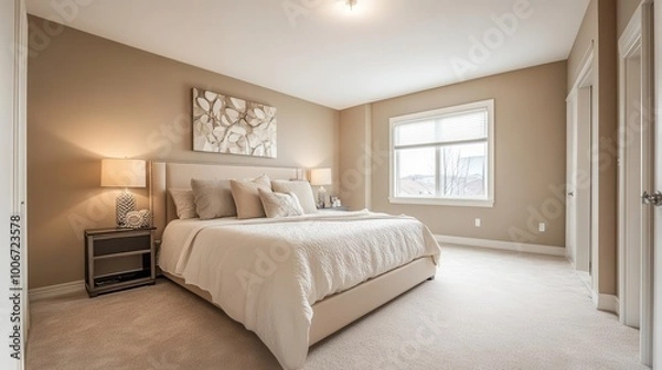 Fototapeta stylish and cozy modern bedroom interior, real estate photography