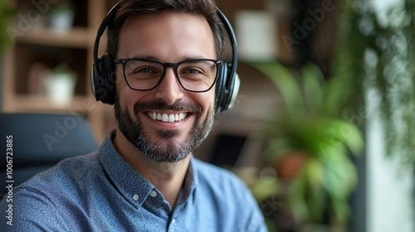 Fototapeta Portrait call center and man consulting with headphones for customer service, help or telemarketing. Happy, confident and consultant agent talking with headset for support, sales or online advice 