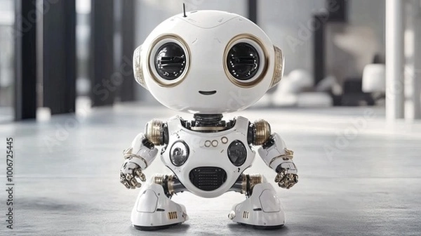Fototapeta A cute, white robot with gold accents stands on a concrete floor in a modern office.