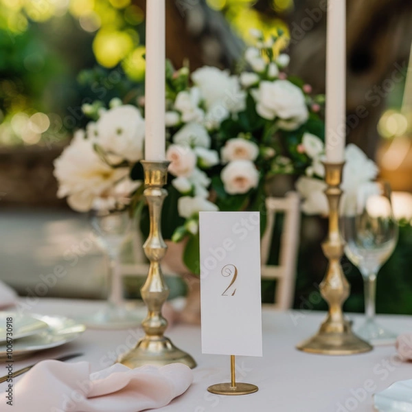 Fototapeta Elegant table setting for a romantic outdoor event featuring floral centerpiece and decorative candles at sunset in a garden
