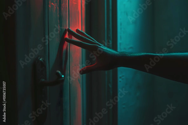 Fototapeta Creepy hand reaching out from behind an open door Horror Suspenseful  Elements Concept