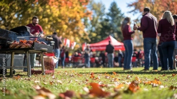 Obraz People engage in a lively tailgate gathering outdoors, grilling food and chatting cheerfully surrounded by autumn leaves and team flags fluttering