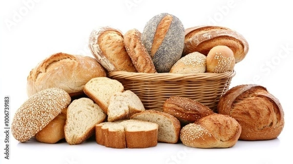 Fototapeta A basket of assorted bread rolls, including whole wheat, sesame, and poppy seed varieties, placed on a clean white background for a fresh bakery display.