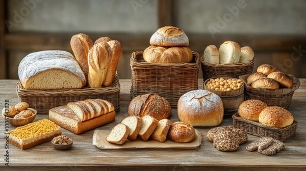 Fototapeta Variedad de panes frescos y artesanales en diferentes formas y tamaños dispuestos en una mesa de madera rústica. Desde hogazas hasta bollos, muestran texturas doradas y apetitosas.