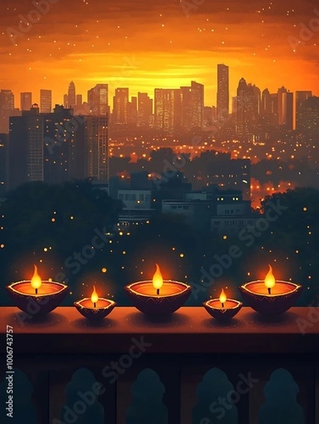 Fototapeta Diwali Diyas Arranged on a Balcony Railing with Night City Skyline