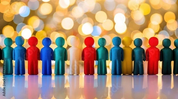 Fototapeta Colorful wooden figures lined up against a blurred background of shimmering lights during a festive celebration in a warm setting