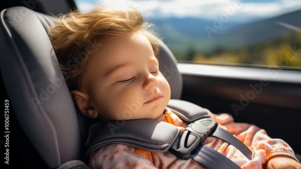 Fototapeta A peaceful baby sleeps in a car seat during a scenic drive in the countryside on a sunny day, surrounded by lush green hills and a clear blue sky