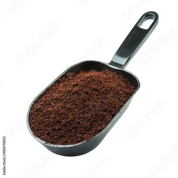 Fototapeta Close-up of a metal scoop filled with fresh ground coffee on a white background. Perfect for coffee-related content and culinary use.
