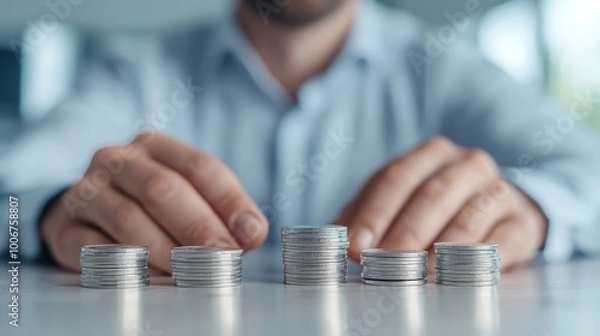 Fototapeta A man is holding a stack of coins on a table