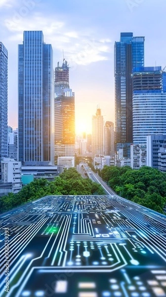 Fototapeta A city skyline at sunset with a digital circuit design in the foreground, symbolizing the fusion of technology and urban life.