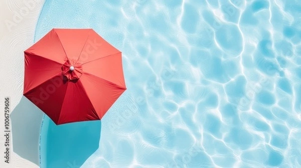 Fototapeta A red umbrella is sitting on the edge of a pool