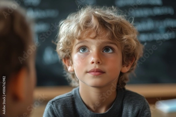 Obraz kid in classroom meeting the teacher with blackboard in the background 
