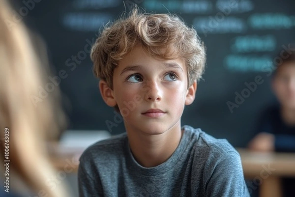Fototapeta kid in classroom meeting the teacher with blackboard in the background 