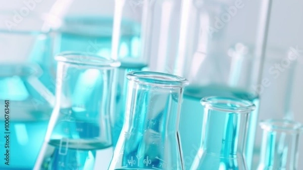 Fototapeta Laboratory glassware containing blue liquids during a scientific experiment showcasing vibrant colors and carefully arranged equipment
