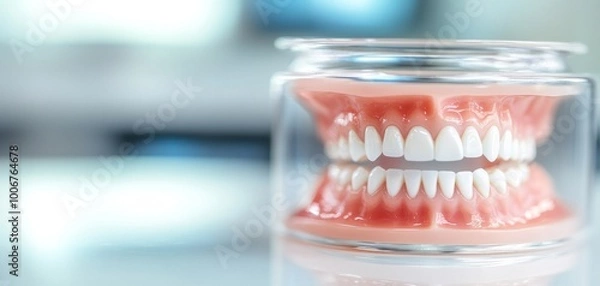 Fototapeta A detailed view of a set of dental prosthetics immersed in a glass container, highlighting the realistic appearance of artificial teeth.