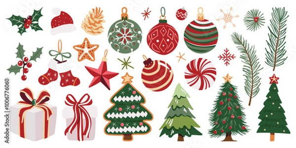 Fototapeta Set of isolated Christmas and New Year party decoration ornaments in cute doodle hand-drawn graphic illustration style on a transparent background. Red and green color tone. Volume 1.