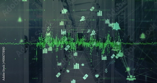 Fototapeta Image of icons and digital data processing over computer servers