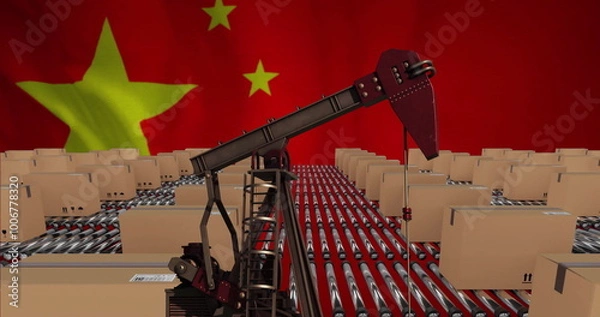Fototapeta Image of pumping oil derrick and boxes on conveyor belts at warehouse over flag of china