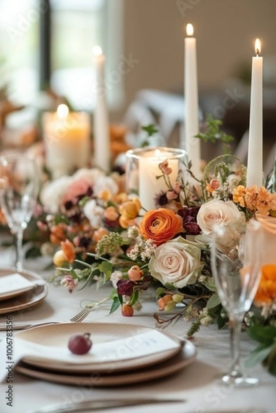 Fototapeta  luxury Fall table settings with linen napkins. simple, low centerpiece that includes candles 