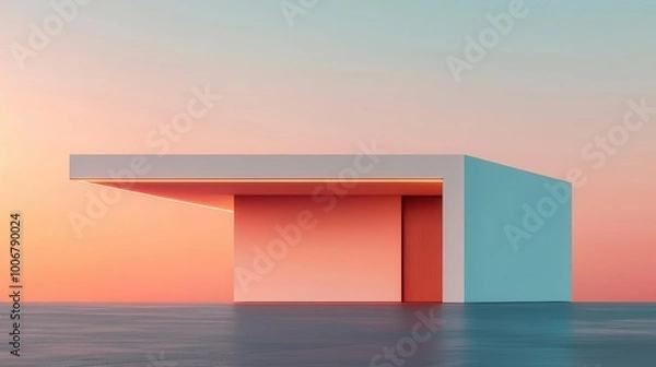 Fototapeta Futuristic minimart exterior with angular design, glowing LED lights, and digital touchpoints, Minimart, Futuristic Minimalism