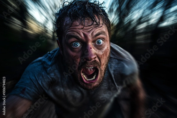 Fototapeta Close-up of a terrified man with a shocked expression