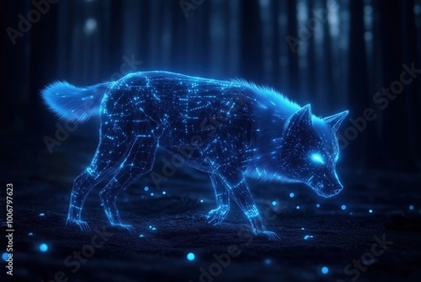 Fototapeta The Luminous Wolf: A mesmerizing digital art piece depicting a wolf in a forest, rendered in an ethereal glow of blue light. The wolf's outline is made up of countless tiny lights.