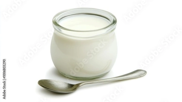Fototapeta A close-up of plain Greek yogurt in a small glass jar, placed on a white background for a minimalist and healthy look.