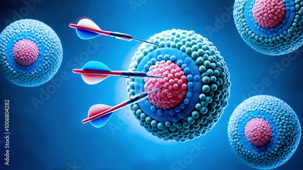 Obraz Monoclonal antibodies, depicted as darts, precisely target cancer cells, highlighting a breakthrough in cancer therapy using immunotherapy and precision medicine.