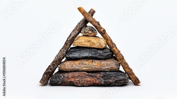 Fototapeta Stacked natural stones and branches forming a pyramid shape, white isolated background.