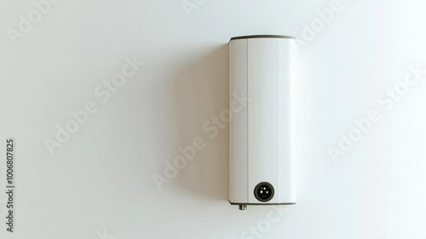Fototapeta A compact solar-powered water heater panel, placed on a clean white background to emphasize eco-friendly home solutions.