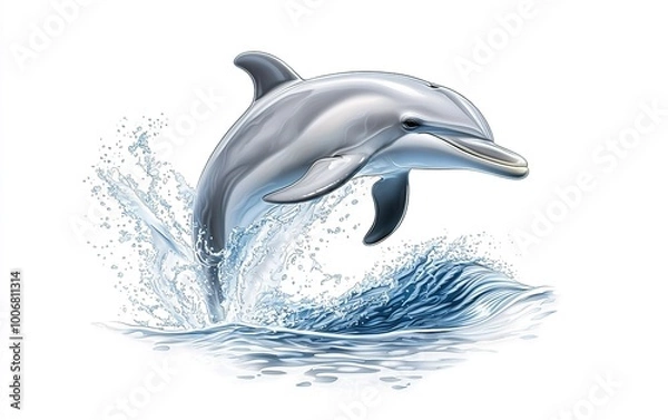 Fototapeta A playful dolphin leaps joyfully above the shimmering ocean waves under a bright afternoon sky