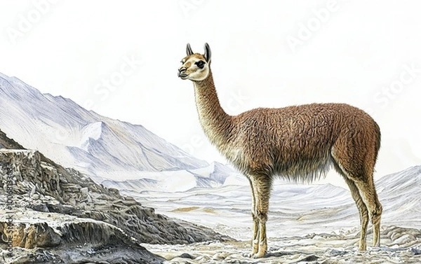 Fototapeta A graceful guanaco stands amidst rugged mountain terrain, showcasing its natural elegance against the serene backdrop of the Andes