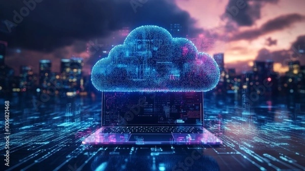 Fototapeta A digital cloud floats above a laptop on a cityscape background, representing technology and cloud computing.