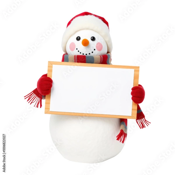 Fototapeta Cheerful snowman holding a blank sign isolated on a transparent background