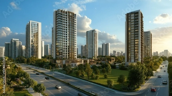 Fototapeta A mix of tall modern buildings in the city with lush green space and a road in front, highlighting the balance between architecture and environment.