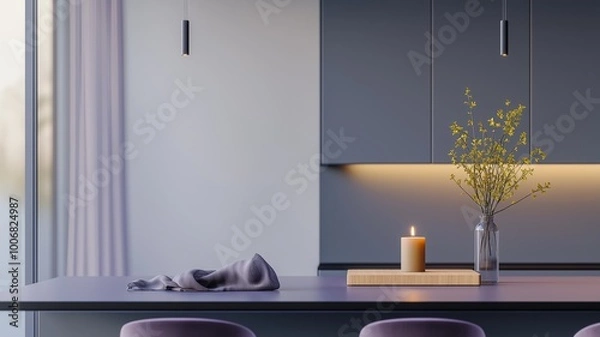 Fototapeta Elegant Modern Kitchen with Soft Lighting and Minimalist Decor