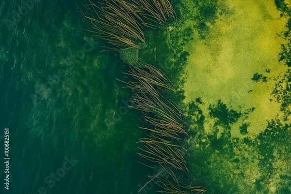 Fototapeta Aerial Perspective of Reeds Along a Water Body in a Swamp Area
