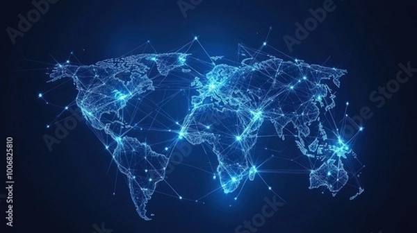 Fototapeta World, geometric and earth for connection, community and society. Map, networking and communication, planet model with decoration, abstract design or geometric link of business and global economy 
