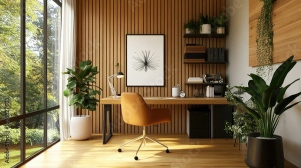 Fototapeta Contemporary office with a framed poster on a wooden accent wall, spacious windows allowing natural light, and clean desk setups. Modern workspace design.