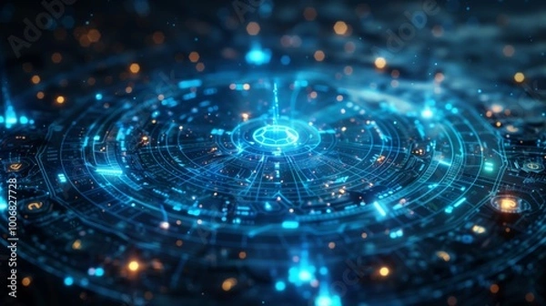 Fototapeta Futuristic AI Chip with Blue Magic Incantation Circle and Spell Symbols