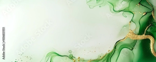 Fototapeta Abstract green and gold ink art with fluid shapes on a light background, creating a vibrant and elegant design. Perfect for modern decor.