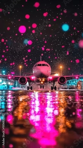 Fototapeta A stunning night view of an airplane on a wet runway, illuminated by colorful lights reflecting on the surface, creating a captivating atmosphere.
